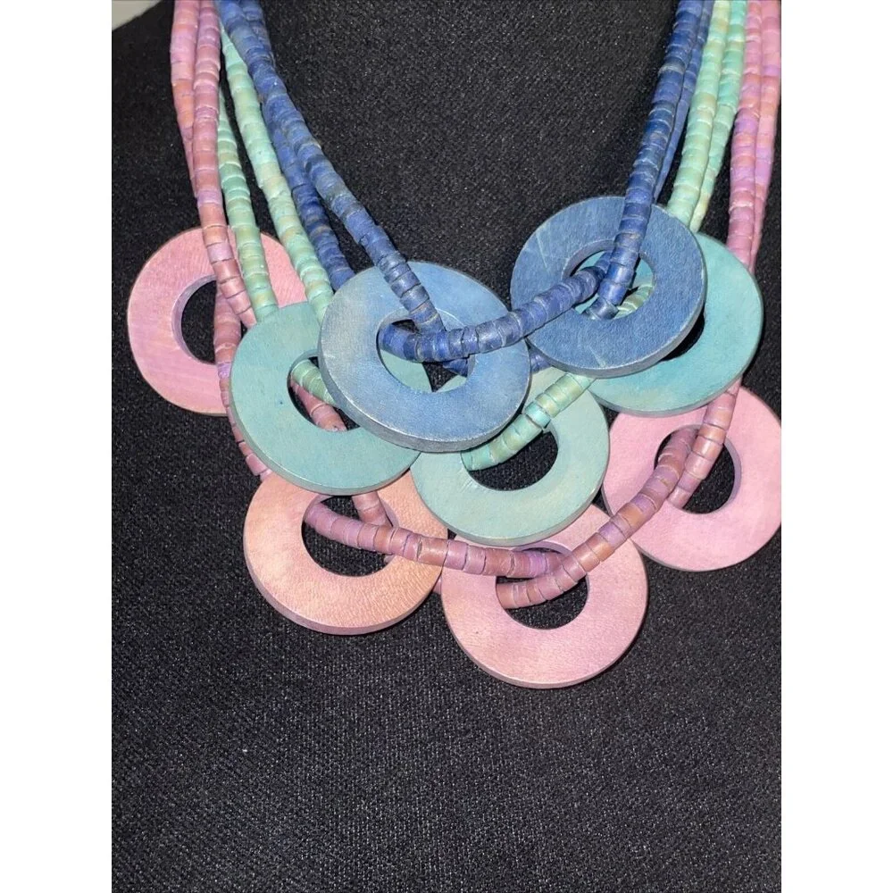 Vintage multi strand multi color purple green & blue wood beaded necklace Circle